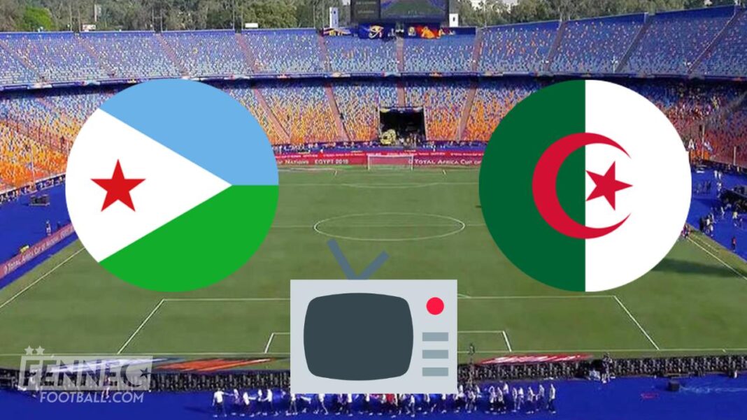 Stade de football avec drapeaux de Djibouti et Algérie.
