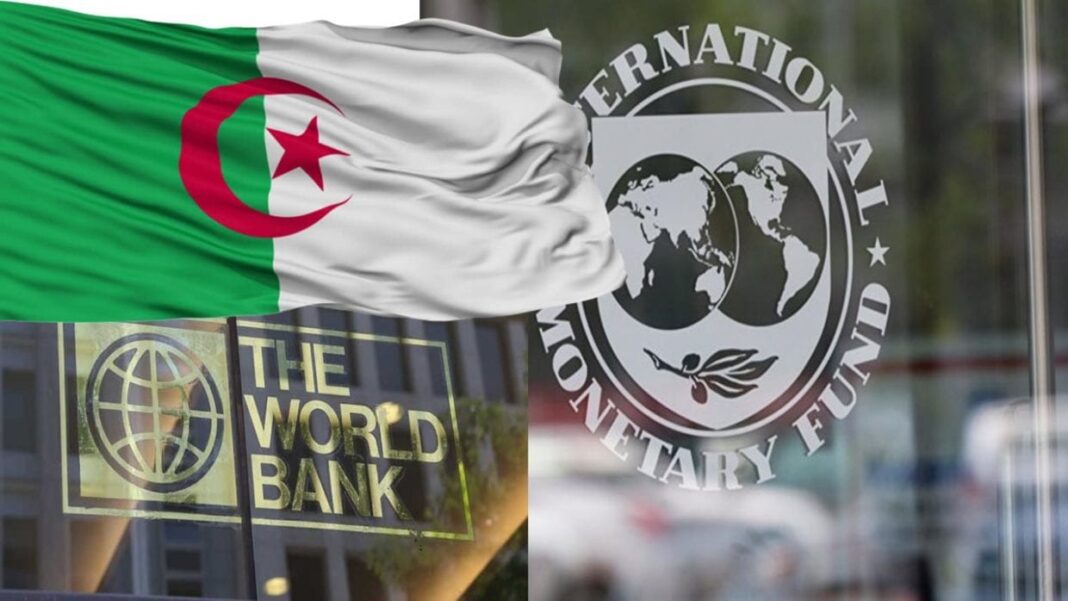 Drapeau algérien devant le logo du FMI Drapeau algérien flottant avec logo du Fonds Monétaire International.