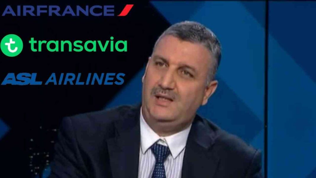 Interview sur le secteur aérien au Maghreb Homme en interview avec logos de compagnies aériennes en arrière-plan.