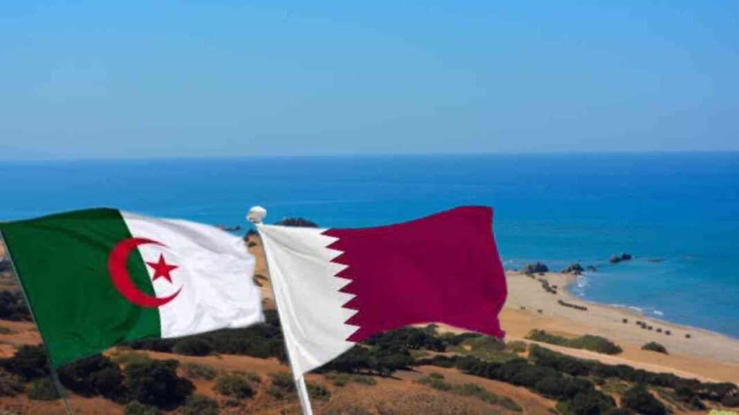 Drapeaux algérien et qatari flottant au vent près de la côte.