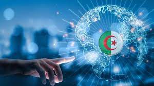 Représentation numérique de l'Algérie avec drapeau et réseau mondial.