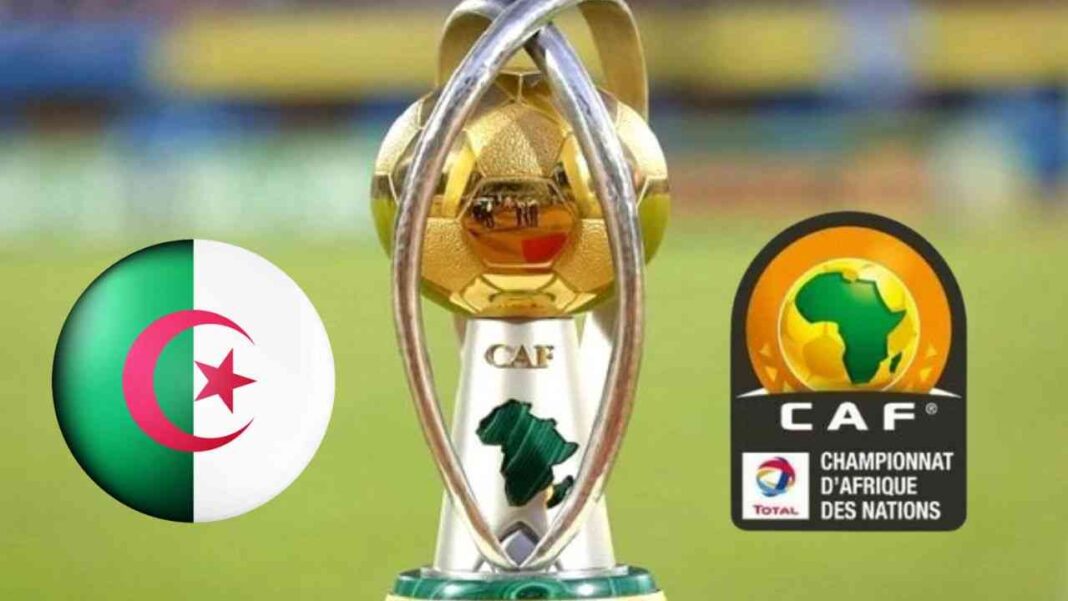 Trophée de la CAF avec drapeau algérien et logo de la CAF.