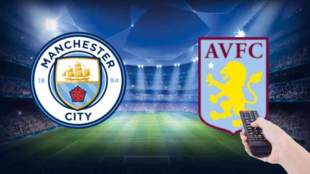 Logo de Manchester City et Aston Villa sur fond de stade de football.