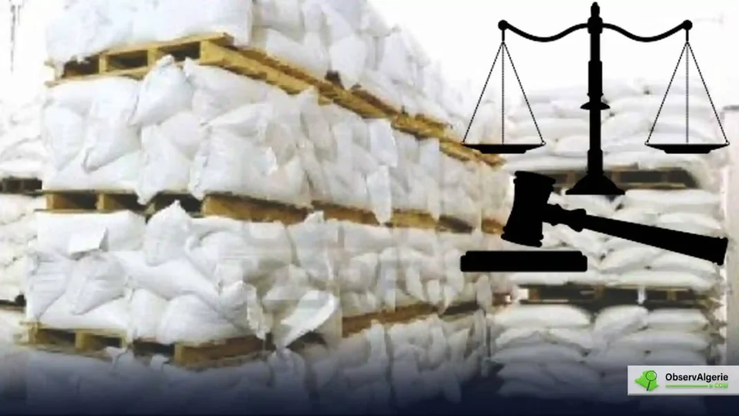 Sacs de farine empilés dans un entrepôt pour la distribution alimentaire.