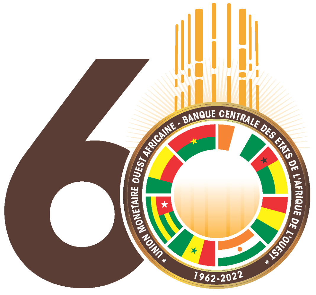 Logo de la BCEAO pour le 60e anniversaire, avec drapeaux africains et design moderne.