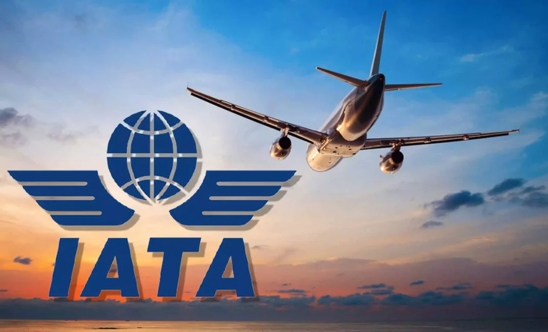 Logo de l'IATA avec avion sur fond de ciel en coucher de soleil.