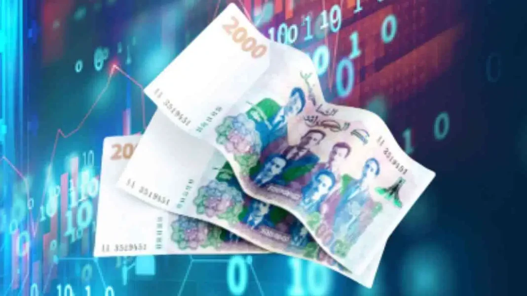 Billets de banque algériens avec chiffres numériques et fond de données numériques.
