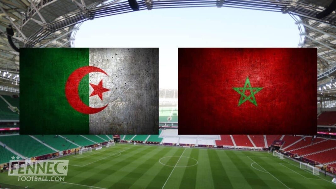 Drapeaux d'Algérie et du Maroc affichés dans un stade vide.