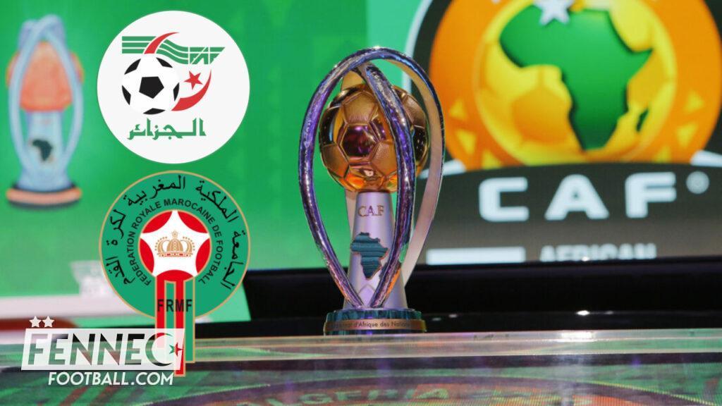 Trophée de la CAN 2022 au Maroc Trophée de la CAN 2022 avec logos de la CAF et de la FRMF.