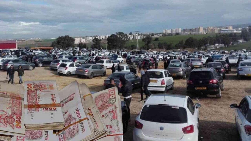 Grand parking de voitures d'occasion en Algérie avec plusieurs acheteurs.