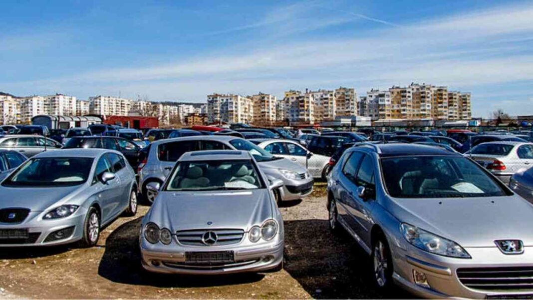 Grand parking de voitures d'occasion à Alger avec bâtiments en arrière-plan.