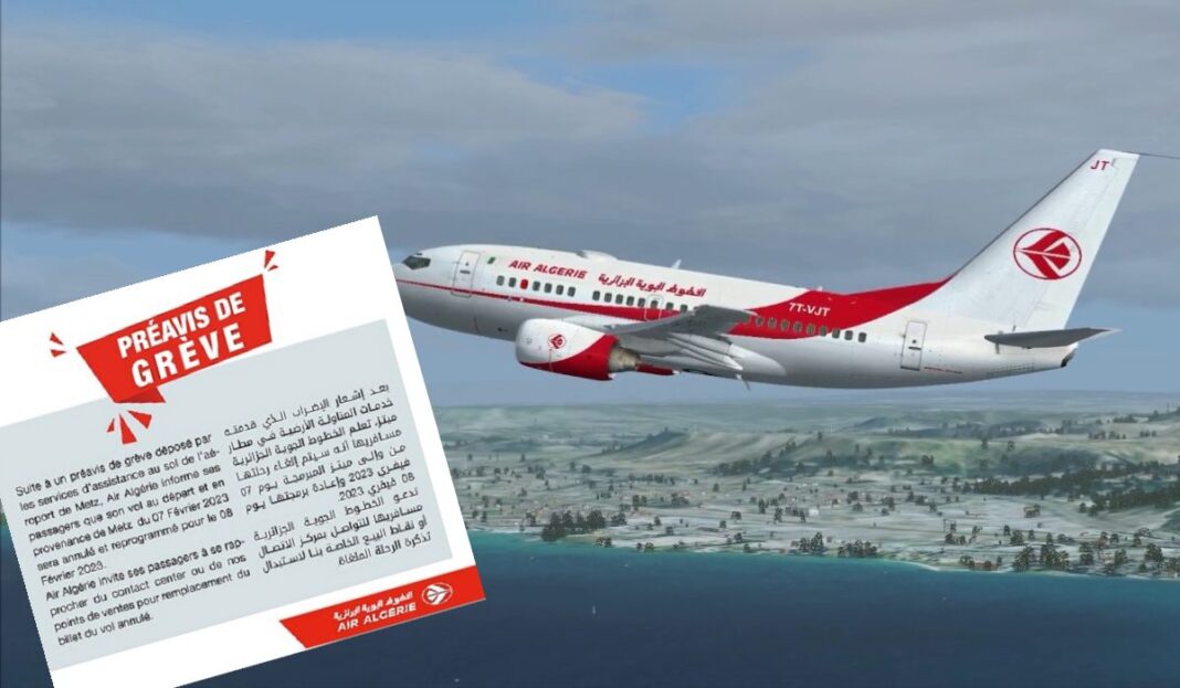 Avion Air Algérie en vol avec avis de grève à bord.