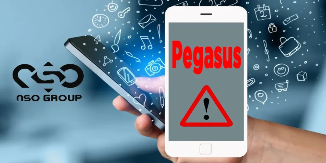 Alerte Pegasus sur smartphone avec icônes numériques en arrière-plan.