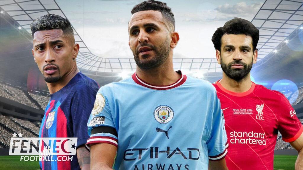 Mohamed Salah, Raphinha et Riyad Mahrez dans un stade de football.