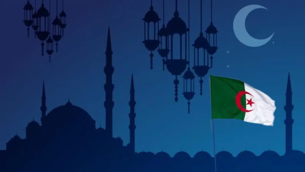 Drapeau algérien flottant sous un ciel nocturne avec mosquées et lune.