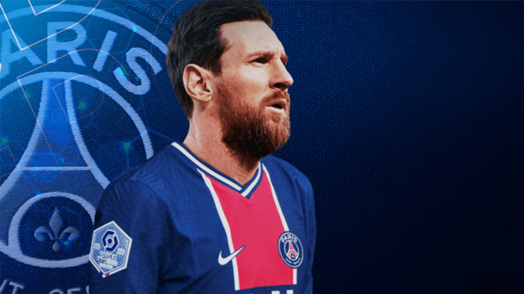 Lionel Messi en maillot du PSG, regardant vers l'horizon.