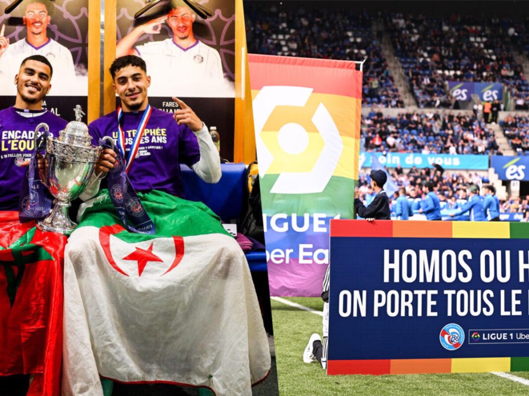 Joueurs algériens avec trophée et drapeau national lors de la célébration.
