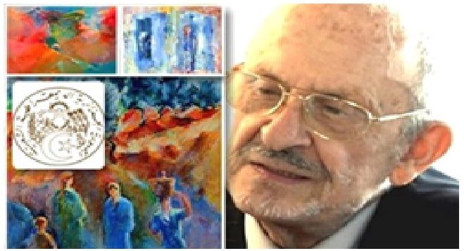 Portrait de Mohamed Bouzid avec ses œuvres artistiques colorées.