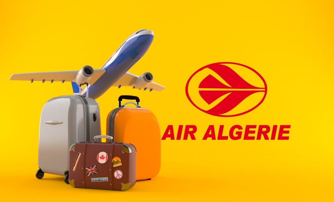 Gestion des bagages Air Algérie Bagages et logo Air Algérie sur fond jaune.