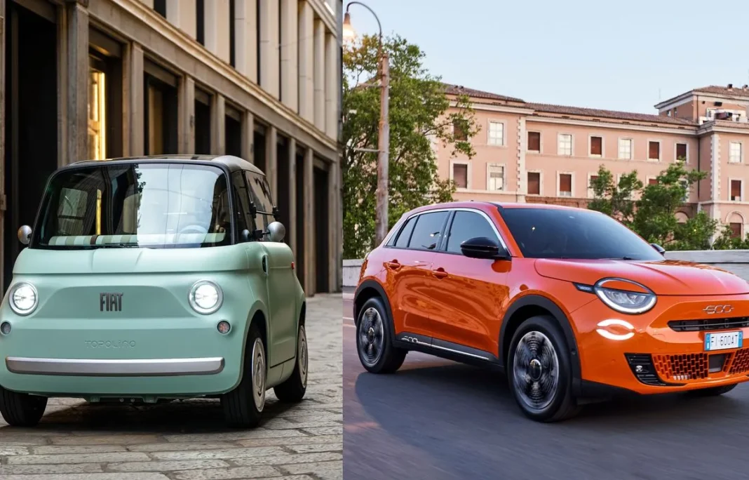 Deux voitures Fiat, un petit véhicule vert et un SUV orange, en milieu urbain moderne.