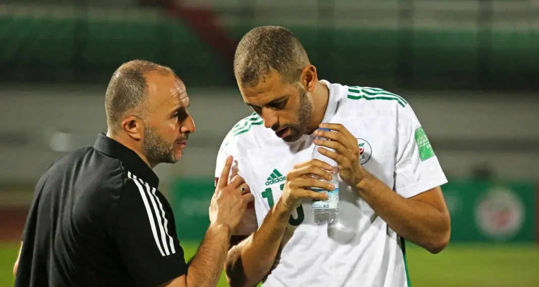 Youcef Belaili et Islam Slimani sur le terrain Youcef Belaili et Islam Slimani en discussion lors d'un match de football.