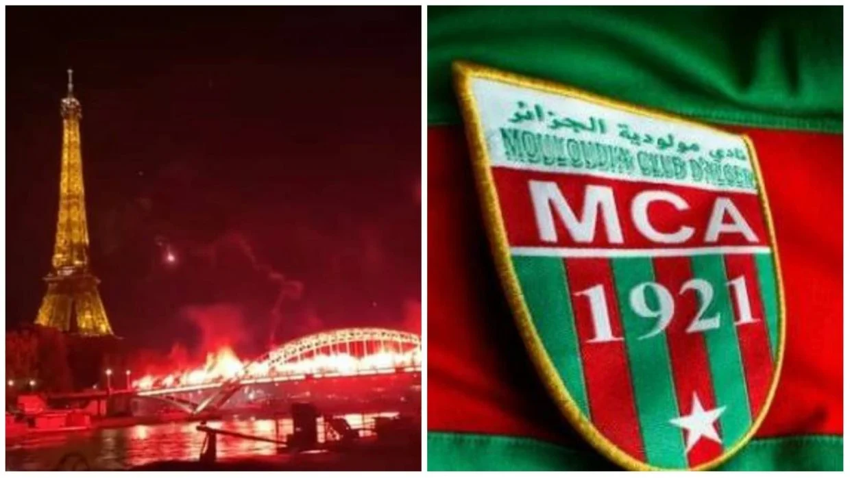 La CAF fait une annonce cruciale pour le MC Alger Drapeau du club MCA et Tour Eiffel illuminée la nuit.