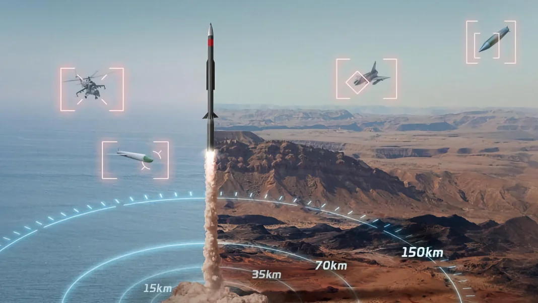 Missile en lancement avec systèmes de détection et de ciblage.