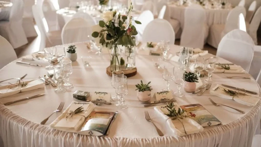 Table de mariage élégante avec fleurs et vaisselle raffinée.