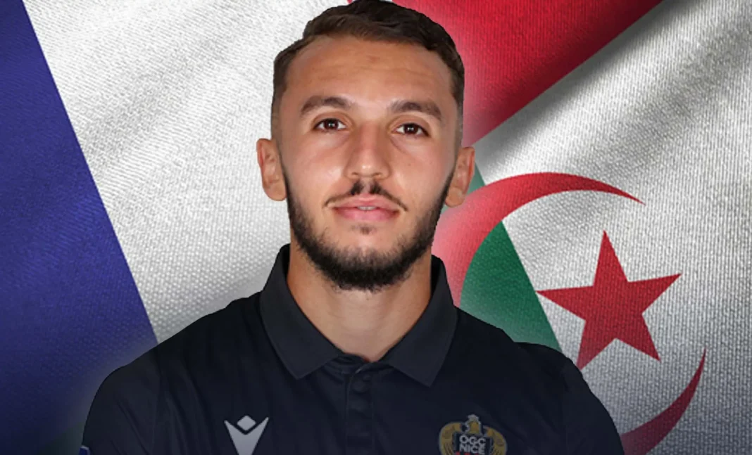 Amine Gouiri devant le drapeau algérien et français.