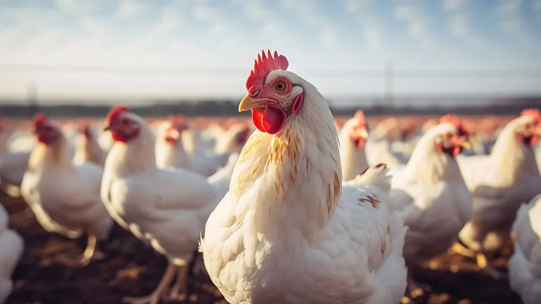 Poules blanches dans une ferme en Algérie sous un ciel ensoleillé.