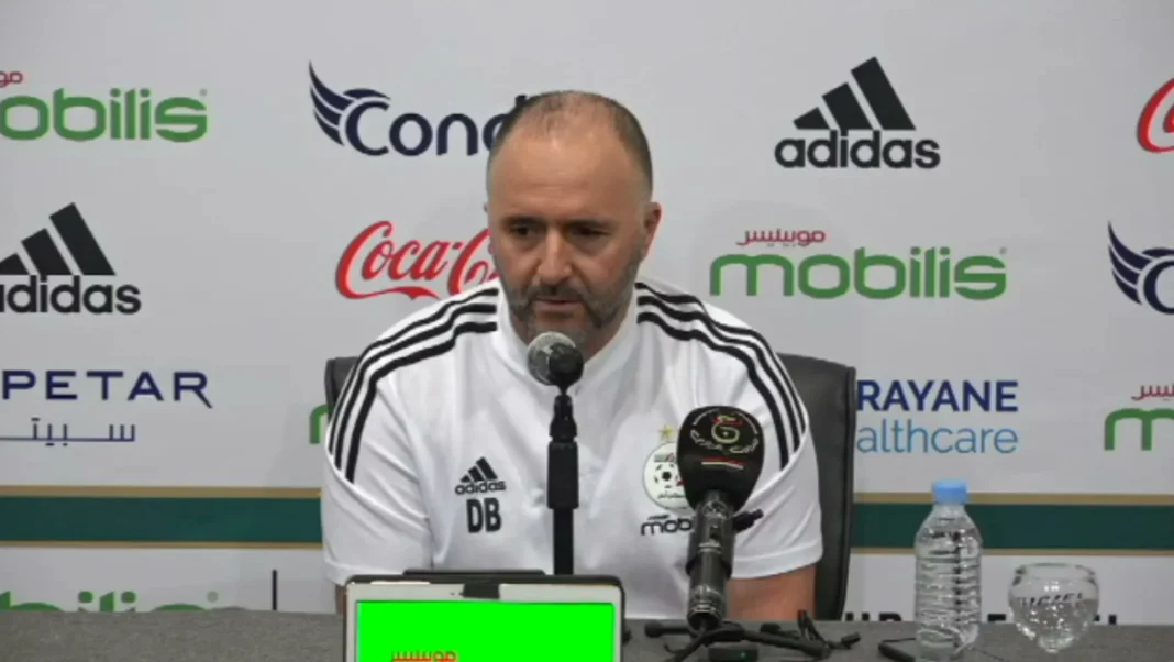 Djamel Belmadi, entraîneur de l'équipe d'Algérie, lors d'une conférence de presse.