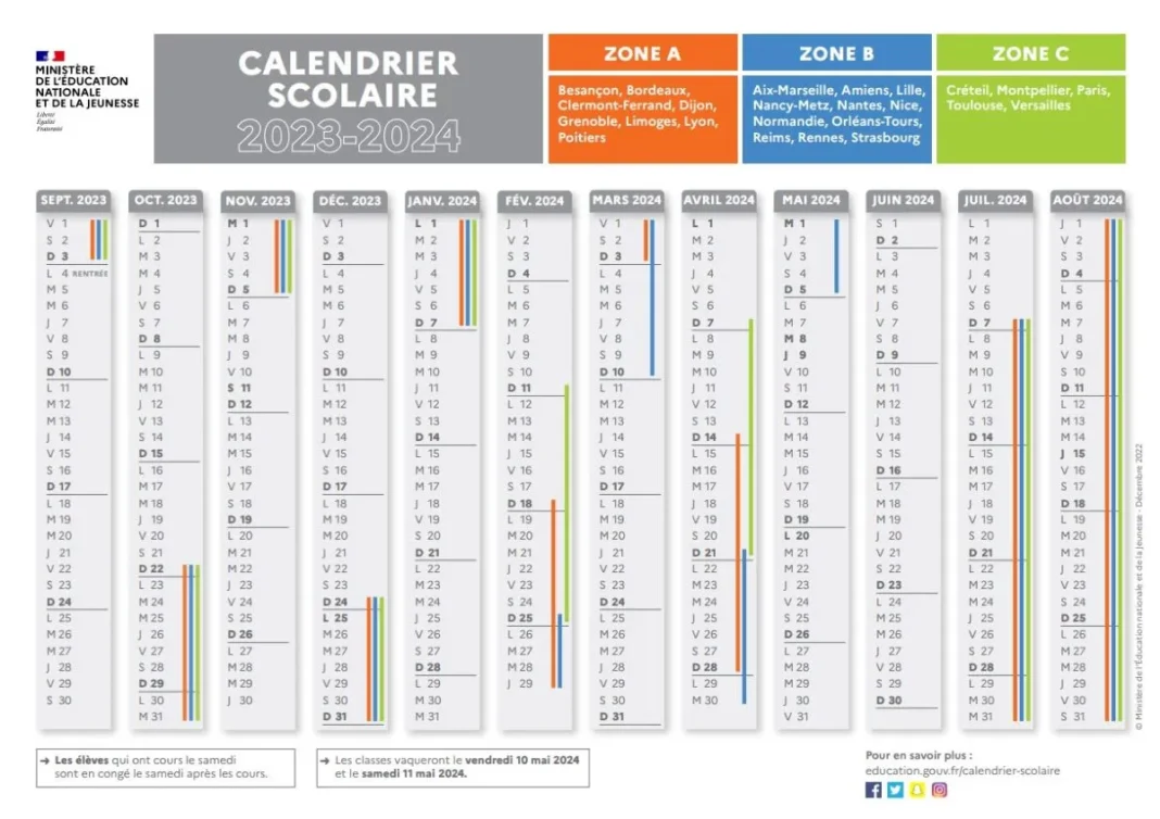 Calendrier scolaire 2023-2024 en Algérie avec zones A, B, C.