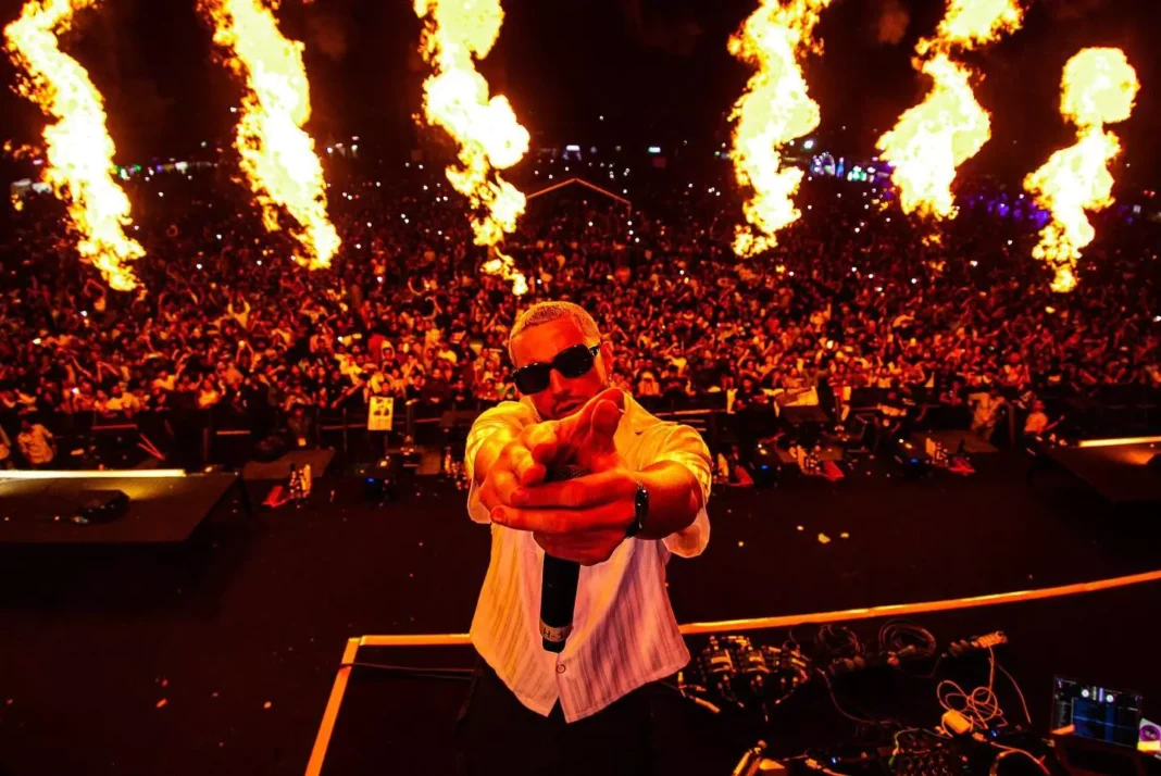 Dj Snake sur scène avec flammes en arrière-plan lors d'un concert.