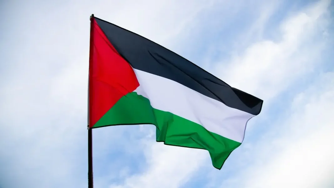 Drapeau palestinien flottant dans le ciel avec nuages.