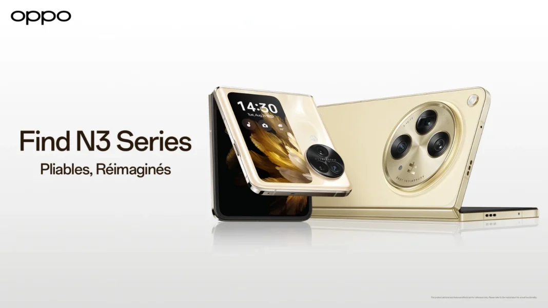 Smartphone OPPO Find N3 avec appareil photo triple et écran pliable.