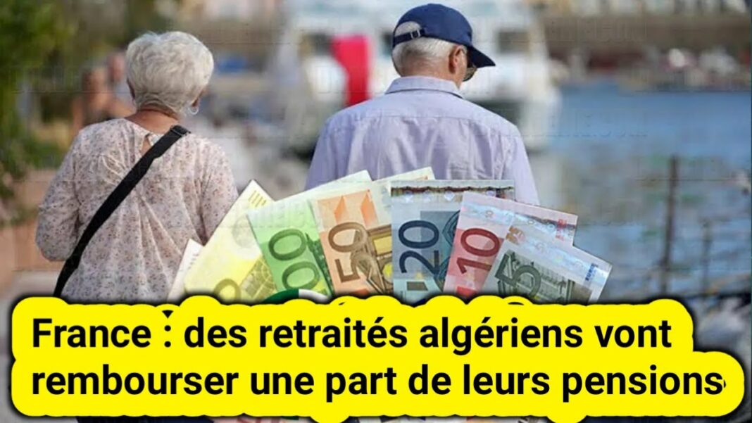 Deux retraités âgés avec des billets de banque devant un port en France.