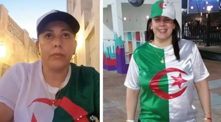 Supporter algérienne portant un drapeau national lors d'un événement sportif.
