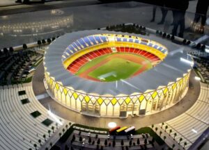 Modèle réduit du stade de la CAN 2023 à Marrakech avec structure moderne.
