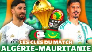 Match de football Algérie contre Mauritanie avec trophée et drapeaux.