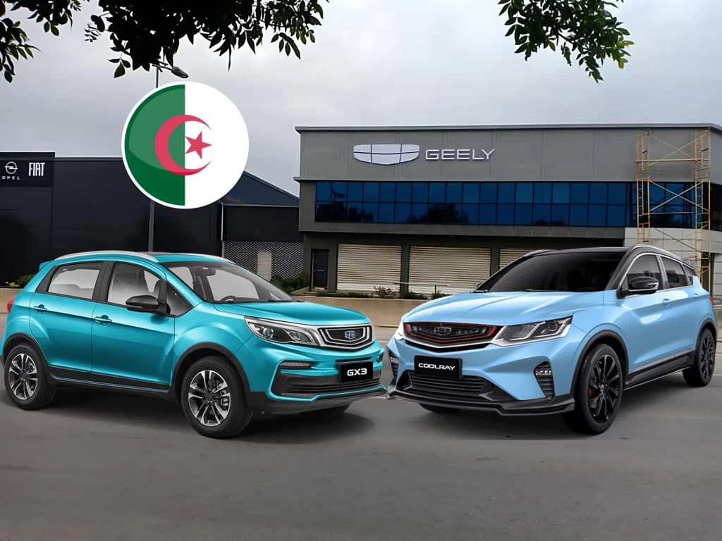 Deux voitures Geely modernes devant le showroom Geely Algérie.