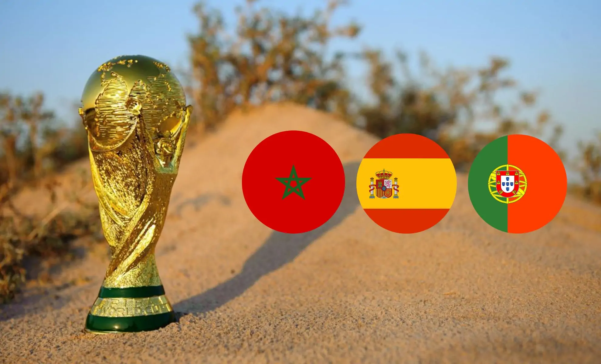 Trophée de la Coupe du Monde avec drapeaux du Maroc, Espagne et Portugal.