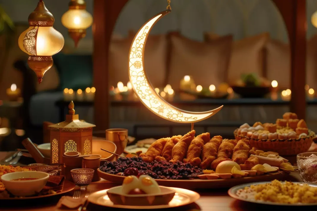 Table de Ramadan avec dattes, thé et décorations lumineuses.