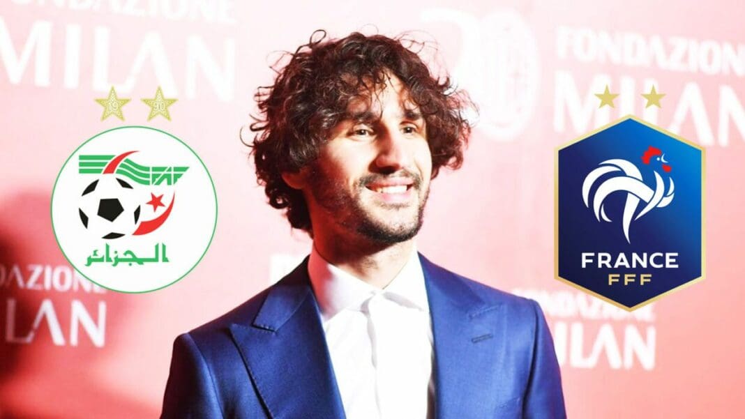 Yacine Adli souriant avec logos de l'équipe algérienne et française.
