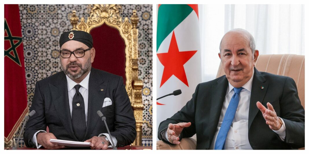 Rencontre diplomatique entre l'Algérie et le Maroc Deux hommes politiques en réunion officielle avec drapeaux nationaux en arrière-plan.