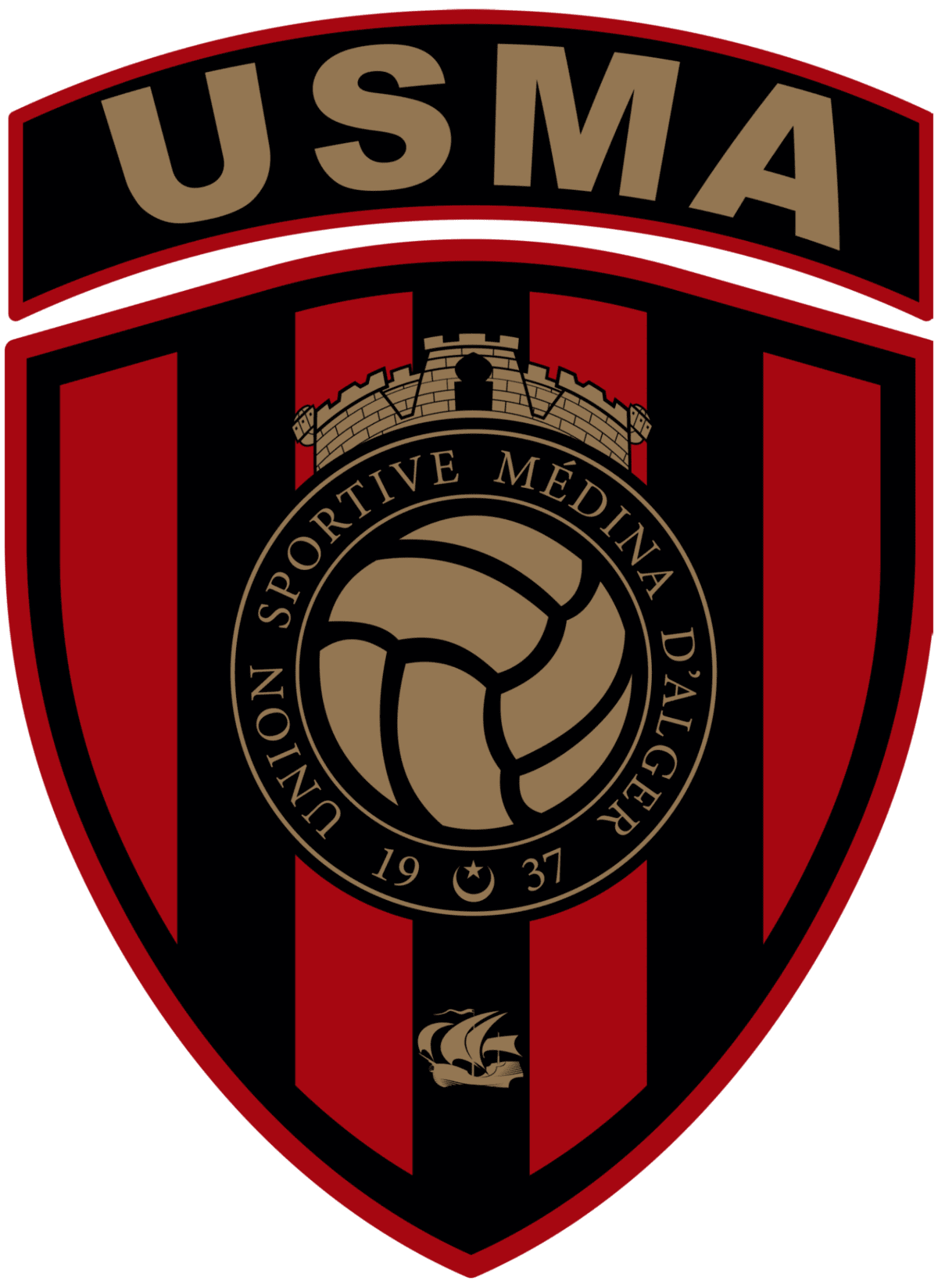 USM Alger clarifie les rumeurs : le communiqué officiel des nouveaux responsables Logo de l'USMA, club de football algérien, avec un ballon et une tour.
