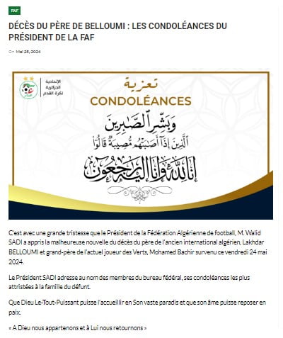 Message de condoléances de la FAF pour le décès du père de B.