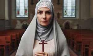 Jeune femme religieuse en prière dans une église avec vitraux colorés.