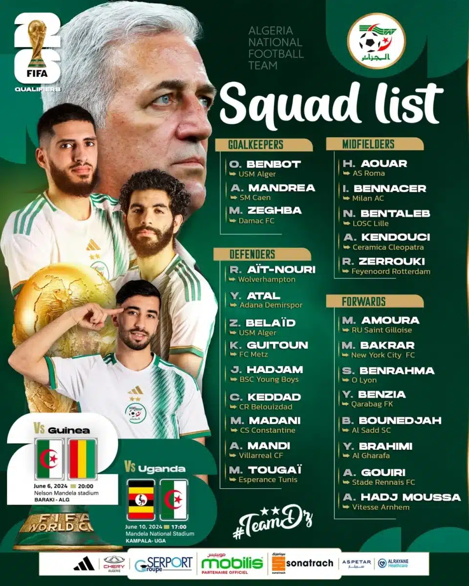 Liste de l'équipe nationale d'Algérie pour le stage de juin.
