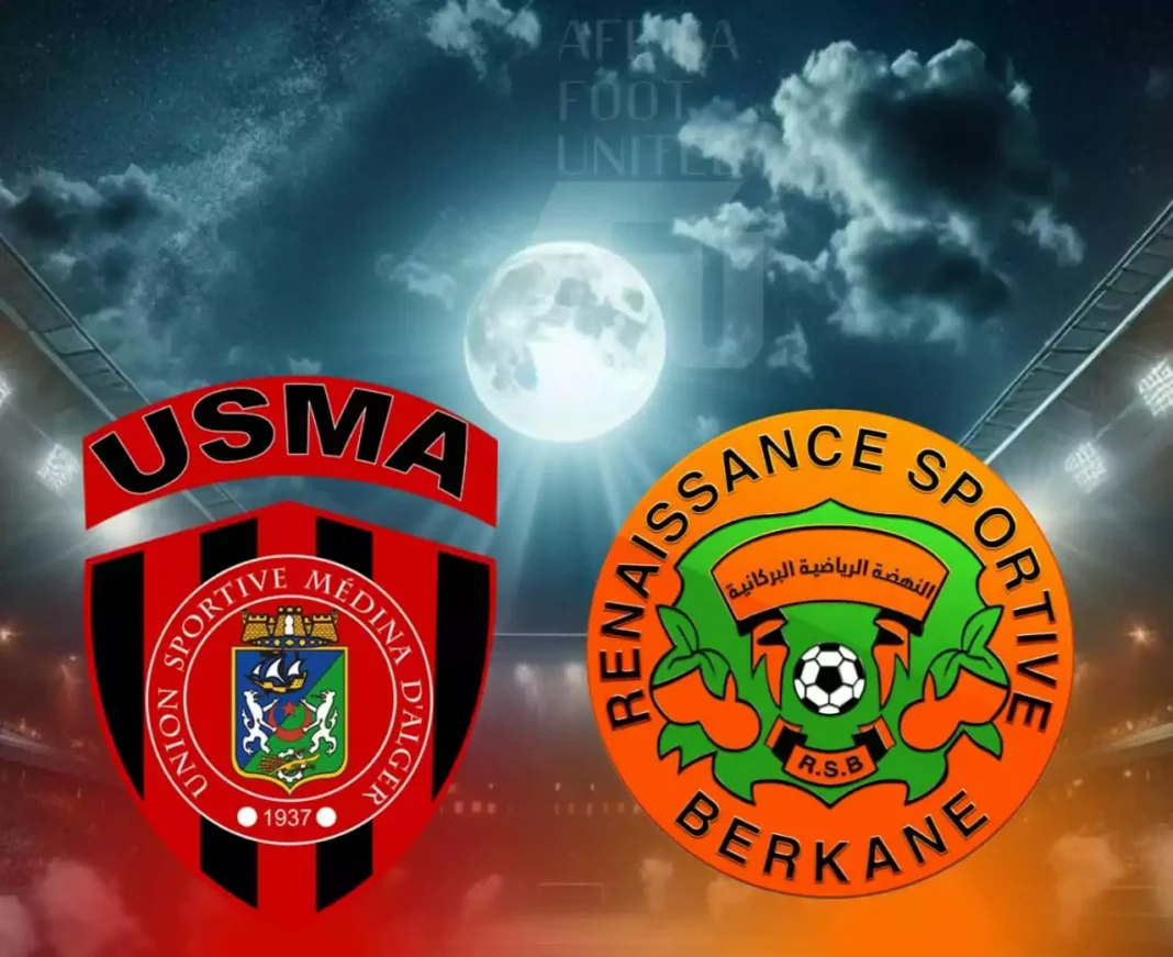 Logo de l'USMA et de la RS Berkane sous un ciel nocturne avec pleine lune.