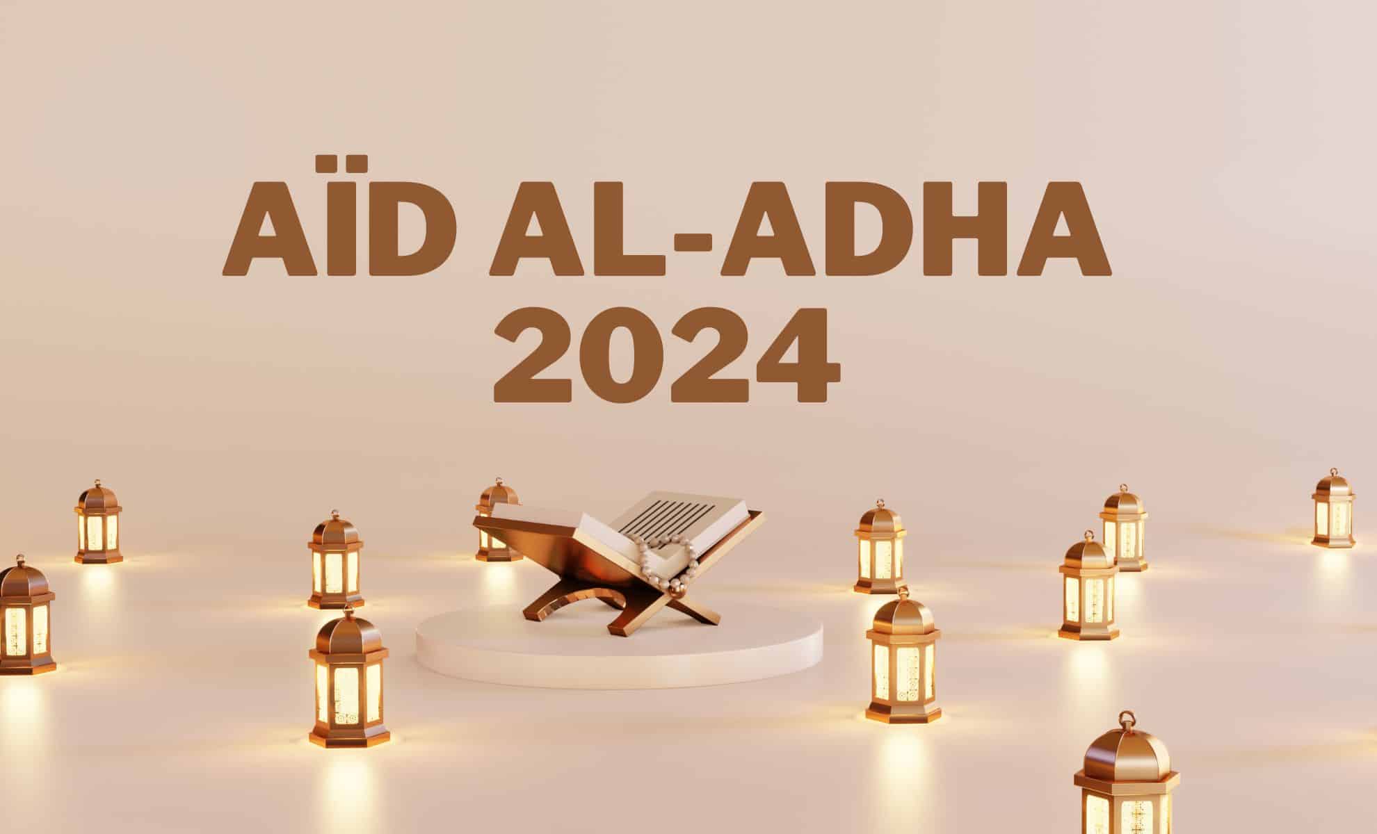 Image pour célébration de l'Aïd al-Adha 2024 avec lanternes et Coran.